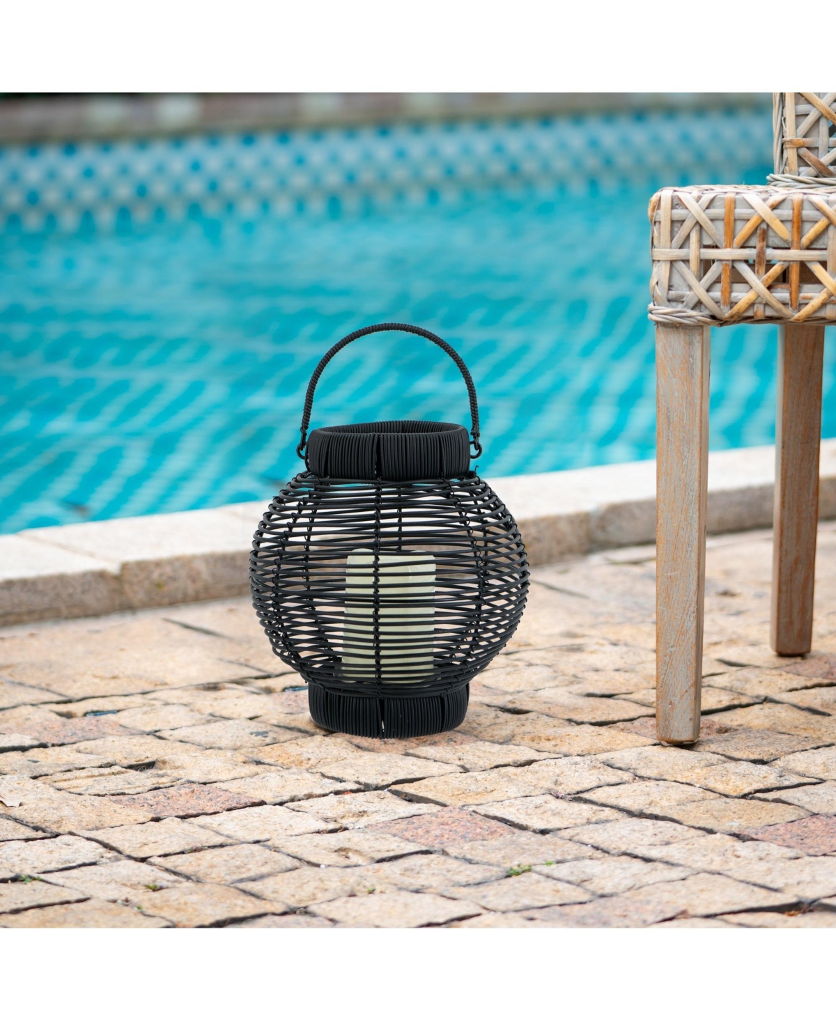 Clihome 8.7x8.7x9.8" Black Poly Rattan Lantern With White Led
