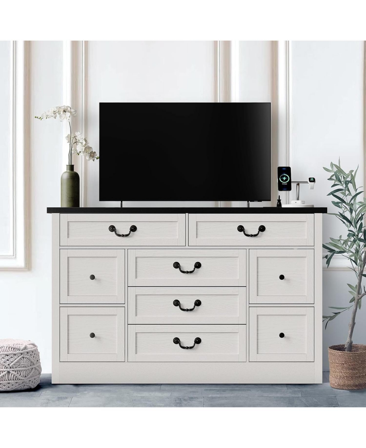 gaomon Farmhouse Dresser for Bedroom 9 Drawer Dresser with Charging Station, 54'' Wood Chest of Drawers with Rustic Handles