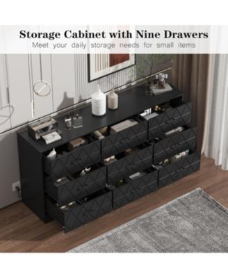 9 Drawer Dresser, 63 in Black Dresser for Bedroom with Power Outlet, Wide Drawer, Dressers Chests of Drawers