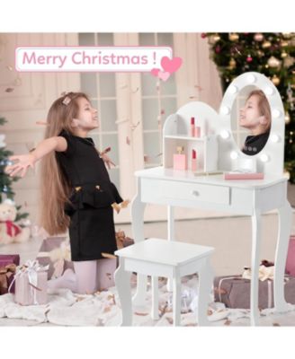 White Kids Princess Vanity Toy Set, Lighted Makeup Desk for Pretend Play Fun