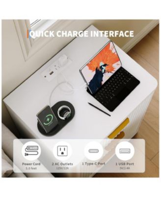 Set of 2 White Fluted Nightstands, Bedside Table with Charging Station Drawers & Open Storage