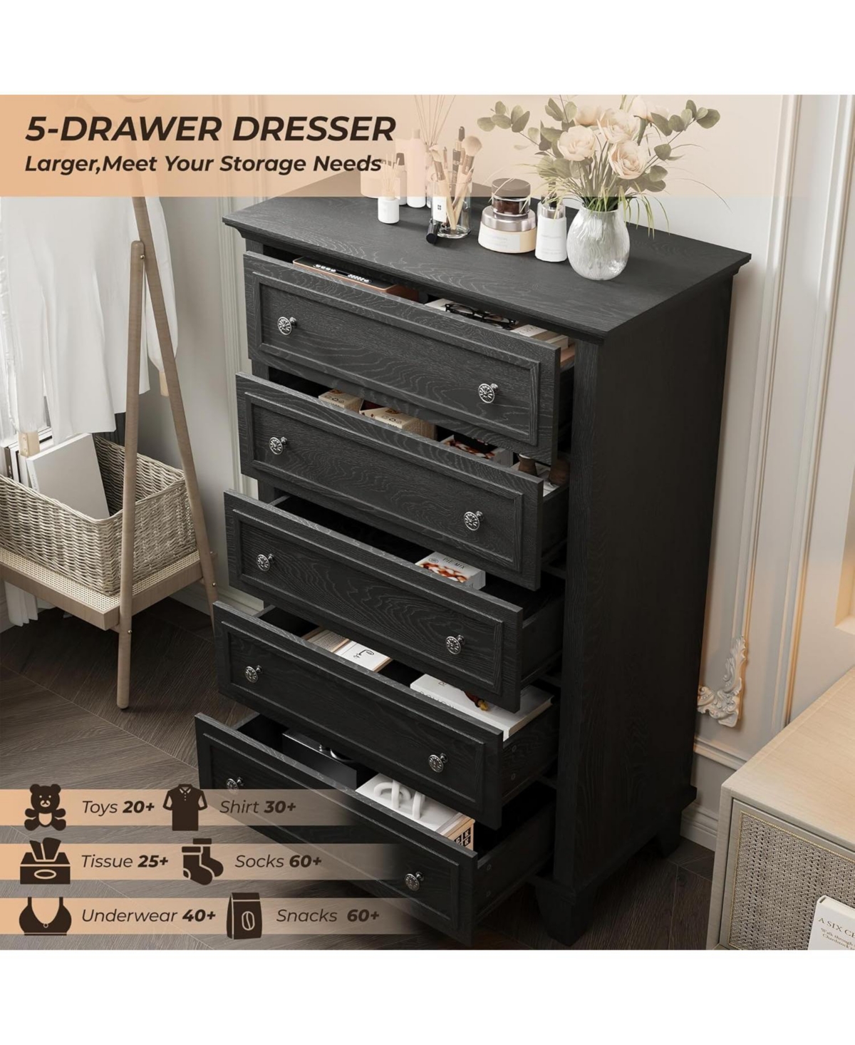 gaomon 5 Drawer Dresser for Bedroom, of Chest with Metal Handles, Tv Stand, Closet Organizers and Storage Clothes