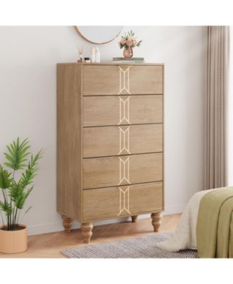 and Tall Wooden 5 Drawer Dresser with Vintage Pattern Design, Modern