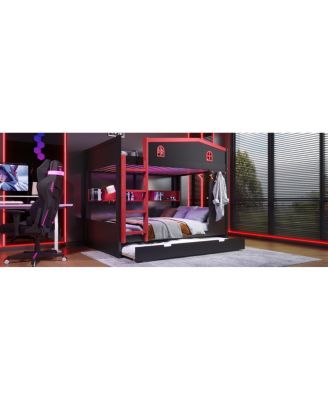  Queen Bunk Bed w/Trundle & Storage Shelves, Solid Wood, Black&Red
