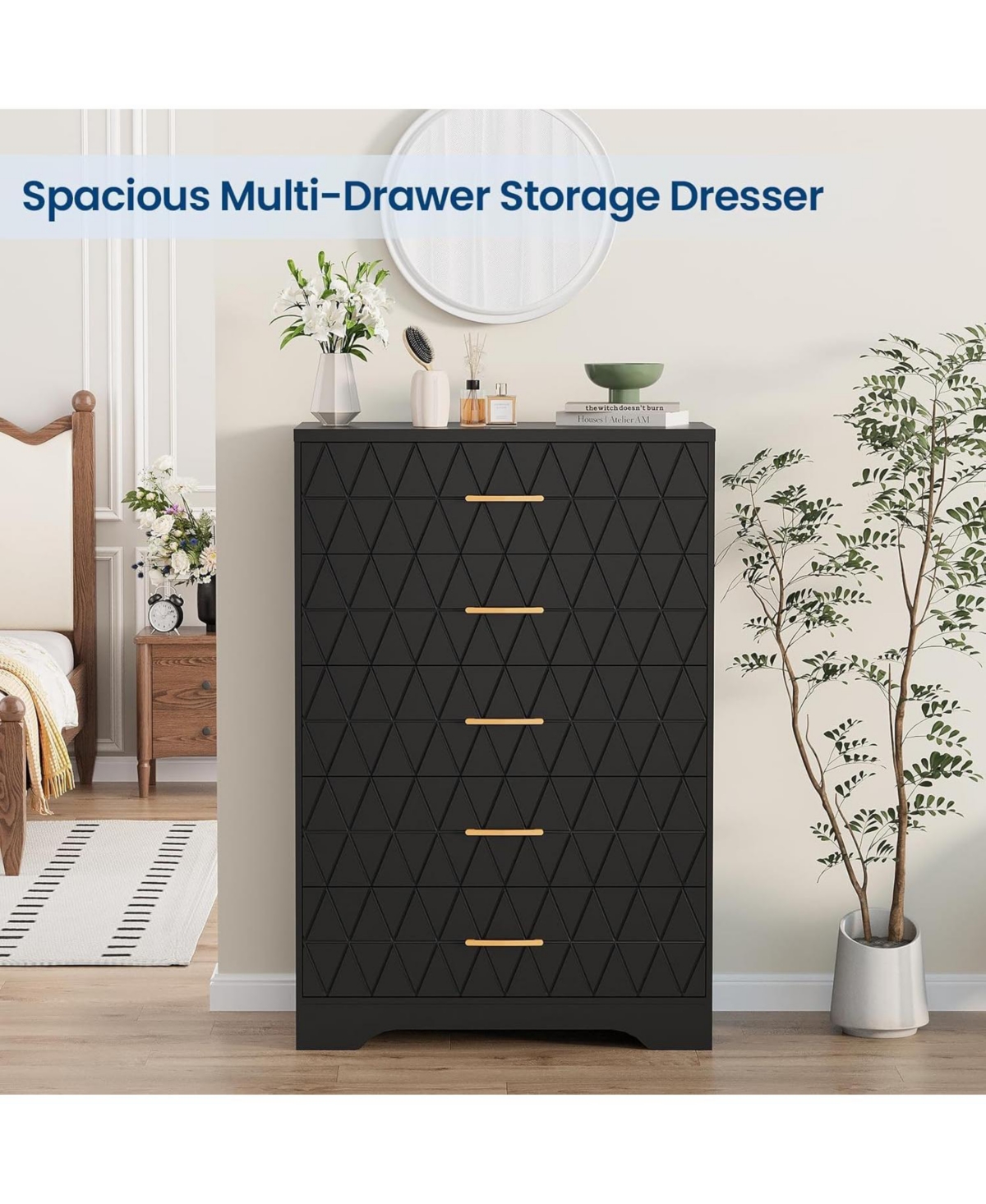 Gaomon 5 Drawer Tall Wood Dresser for Bedroom, Wooden Chest of Drawers with Gold Handles Closet, Modern Storage Cabinet