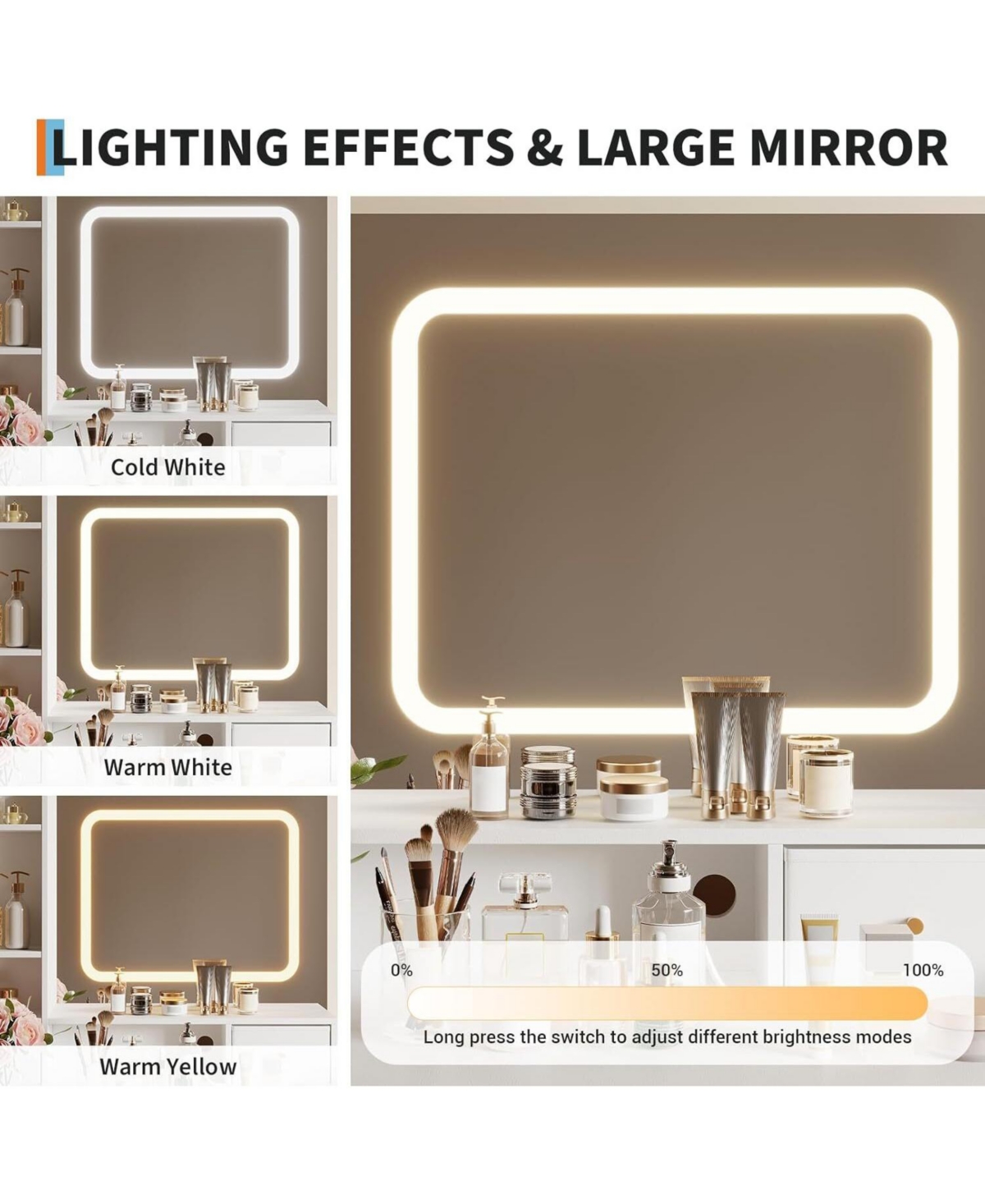 Gaomon White Lighted Mirror Vanity Desk, Multi-Purpose Makeup Table for Bedroom & Dressing Room