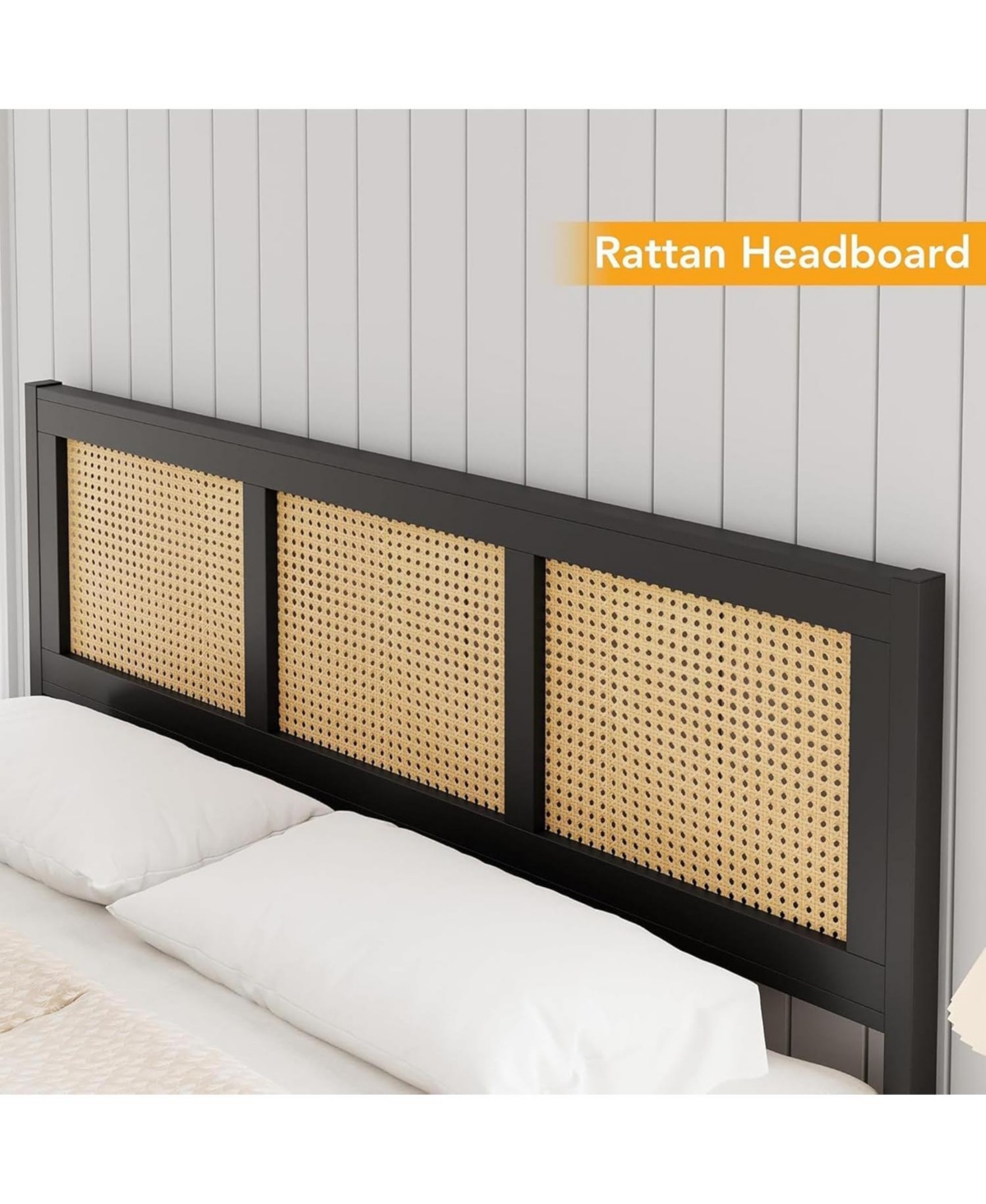 gaomon Rattan Bed Frame with Headboard, Boho Full Strong Metal Slats Support, No Box Spring Needed