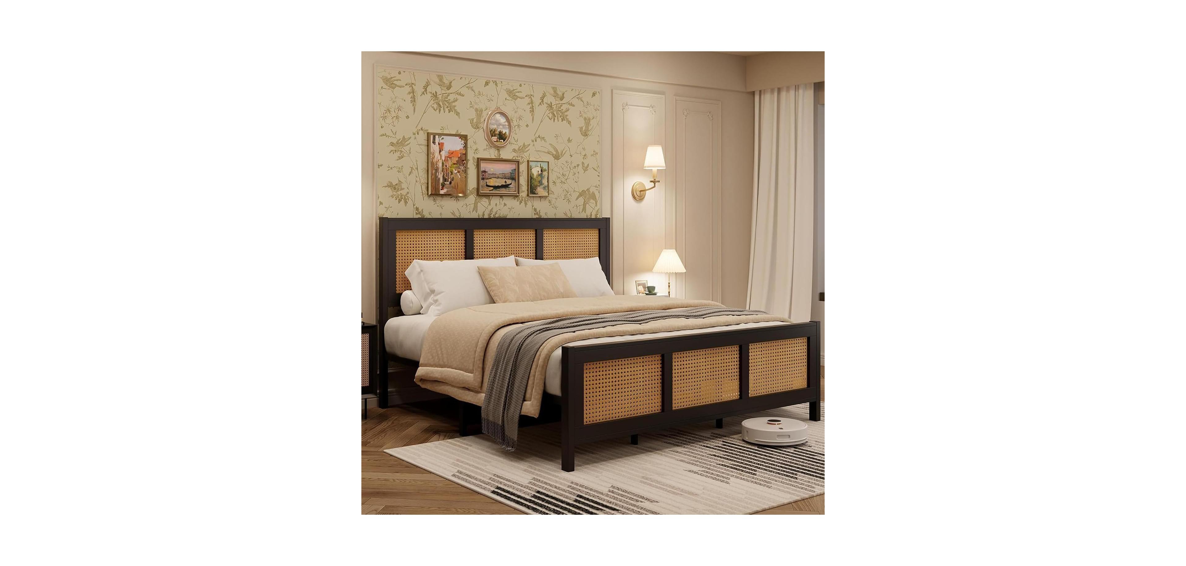 Gaomon Rattan Bed Frame with Headboard, Boho Full Strong Metal Slats Support, No Box Spring Needed