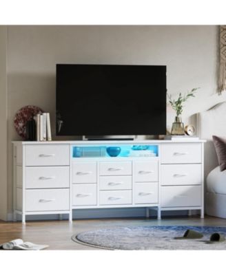 70 Inch Long Dresser with 13 Drawers, TV Stand for 65-80 Inch TV with Charging Station LED Lights, Fabric Storage Organizer for Bedroom