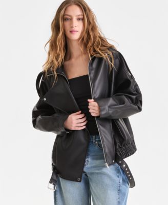 Women's Faux-Leather Zip-Front Bomber Jacket