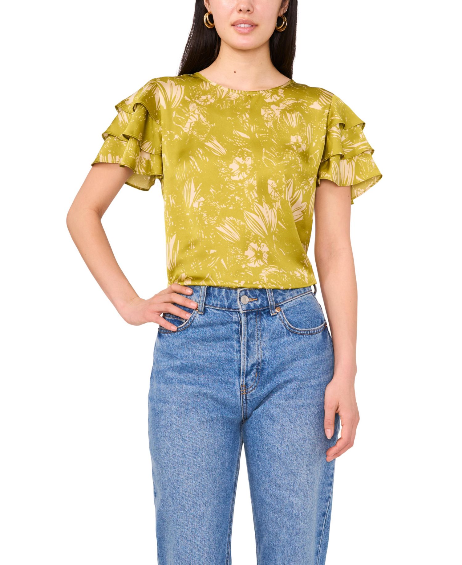 Women's Crew Neck Ruffle-Sleeve Top