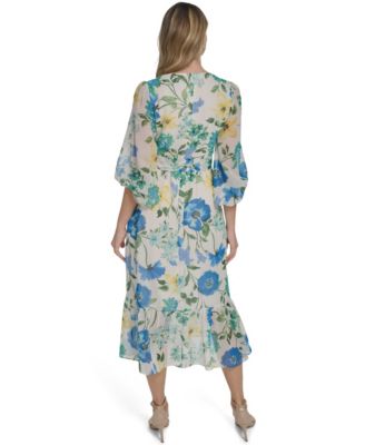 Women's V-Neck Balloon Sleeve Surplice Tiered Midi Dress