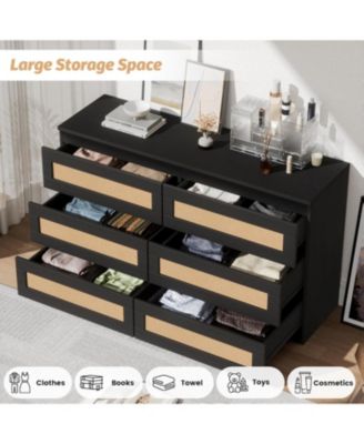 6 Drawer Double Dresser for Bedroom, Rattan Dresser for Bedroom with Smooth Mental Slide, Modern Wood Chest for Bedroom, Living Room, Hallway,