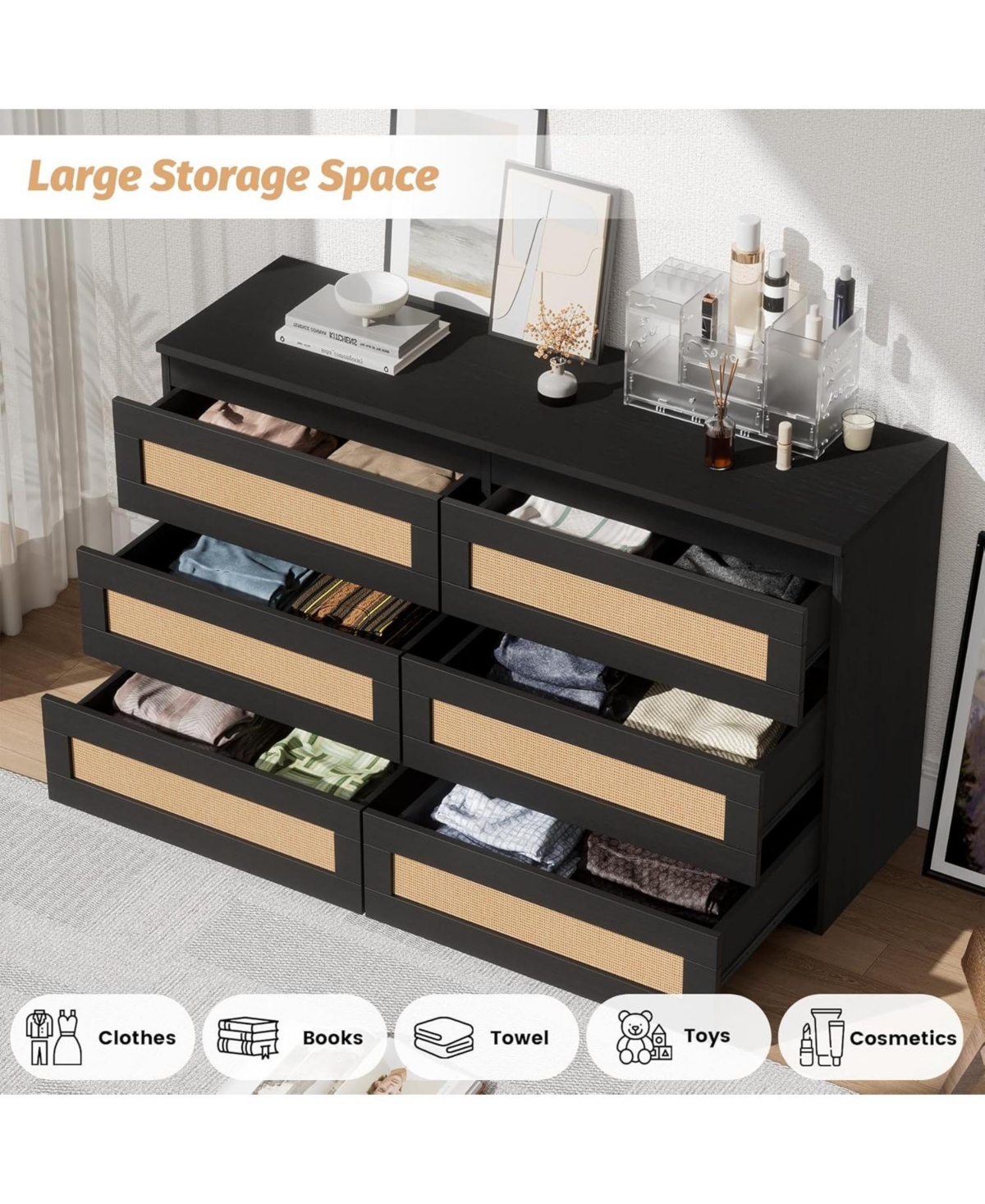 gaomon 6 Drawer Double Dresser for Bedroom, Rattan Bedroom with Smooth Mental Slide, Modern Wood Chest Living Room, Hallway,