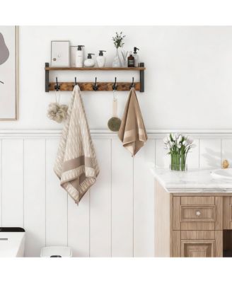 Rustic Brown & Black Wall Hook Rack with Shelf for Entryway, Hallway
