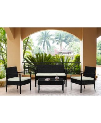 4 Piece Black and Cream Outdoor Conversation Patio Set with 2 Armchairs 1 Loveseat and Tempered Glass Coffee Table for Backyard Porch Garden