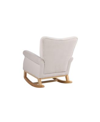 Modern High Back Nursery Rocking Chair Comfortable Fabric Padded Seat Armchair with Warm Wood Color Curved Legs for Baby Room Reading Corner