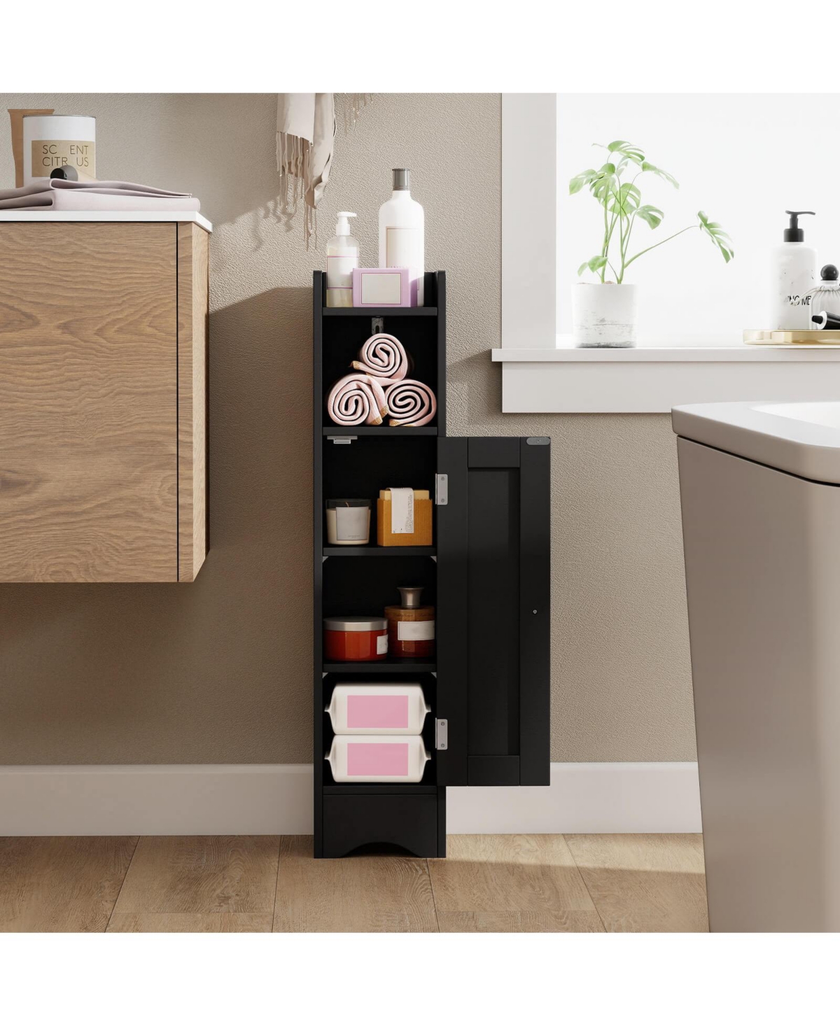 Costway Bathroom Storage Cabinet with Door Toilet Paper Holder Stand for Small Spaces