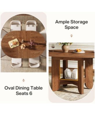 59-Inch Round Dining Table for 4-6, Modern Oval Kitchen Table with Storage Shelf for Dining Room, Living Room, Walnut