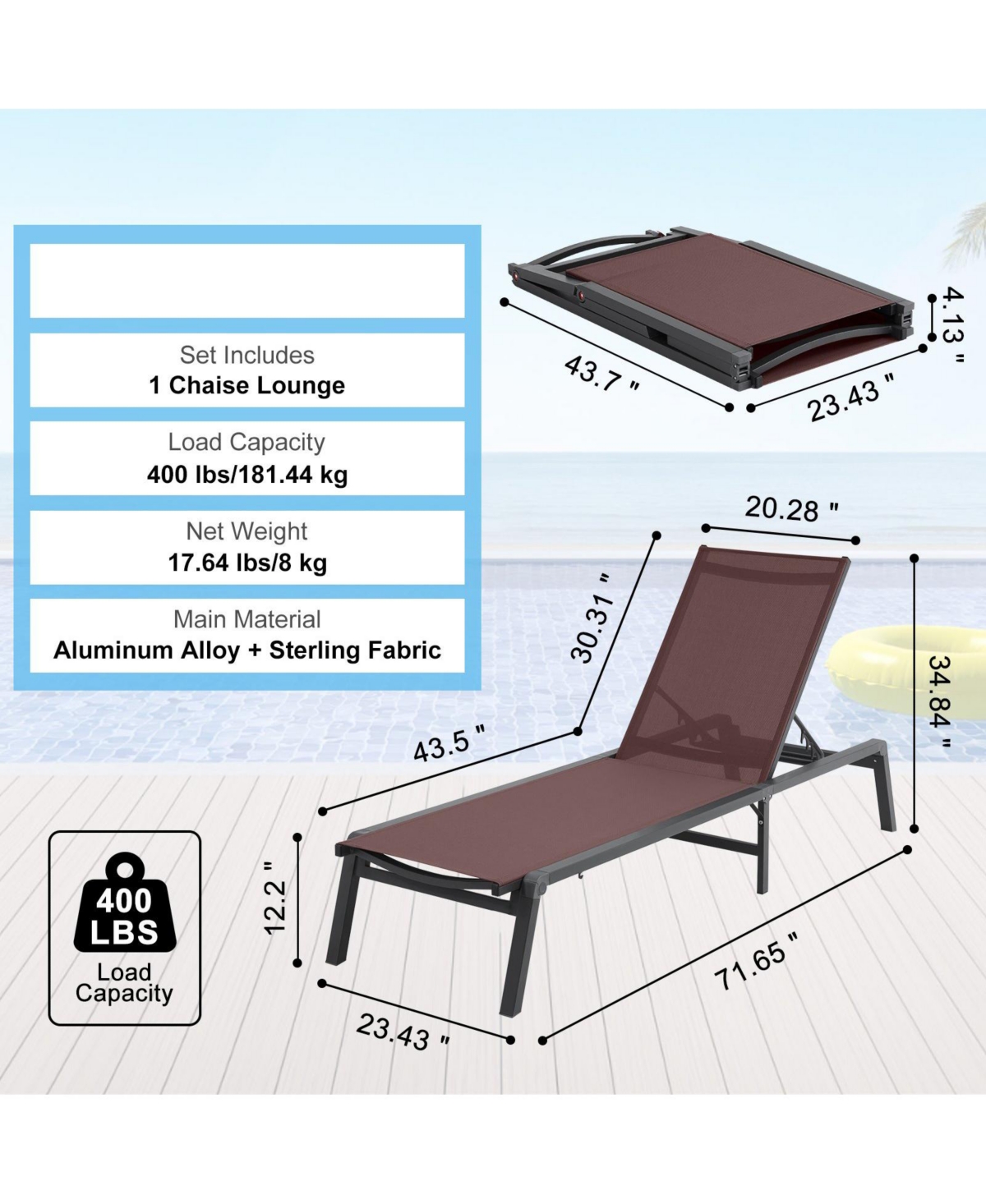 Slickblue Folding Aluminum Patio Chaise Lounge Chair for Pool and Beach