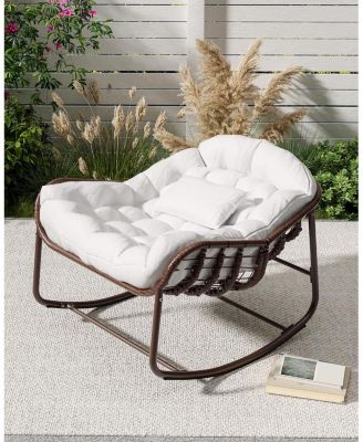 Outdoor Papasan Rocking Chair, Oversized Wicker Lounge Chair with Cushion and Metal Frame, Patio Rattan Egg Rocker for Balcony