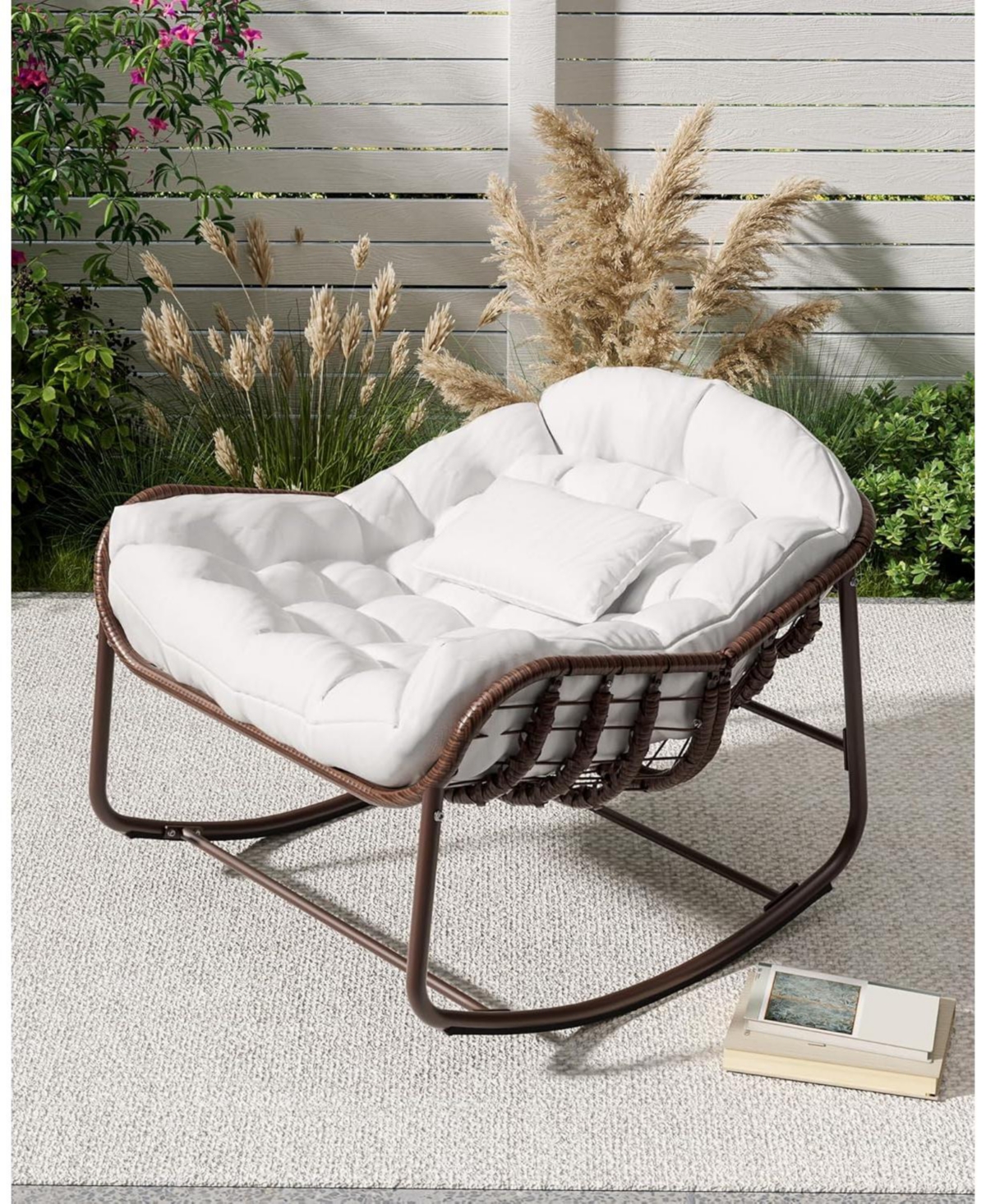 gaomon Outdoor Papasan Rocking Chair, Oversized Wicker Lounge Chair with Cushion and Metal Frame, Patio Rattan Egg Rocker for Balcony