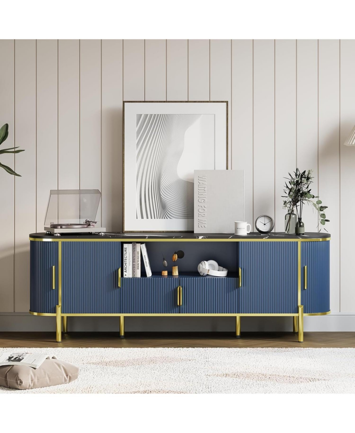 gaomon Luxury 70 Fluted Tv Stand with Faux Marble Top, Entertainment Center for TVs Up to 80