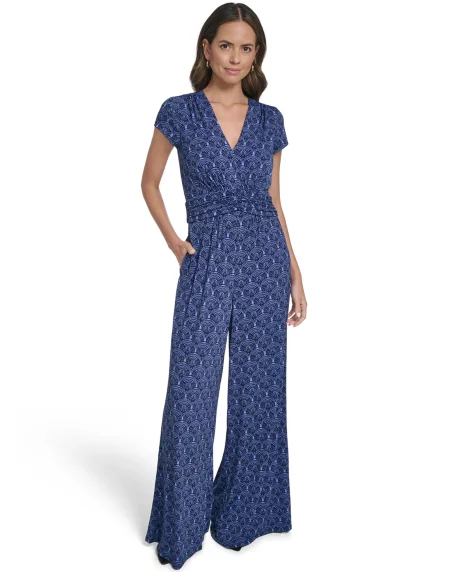 Petite Shirred Front V-Neck Jumpsuit - Blue