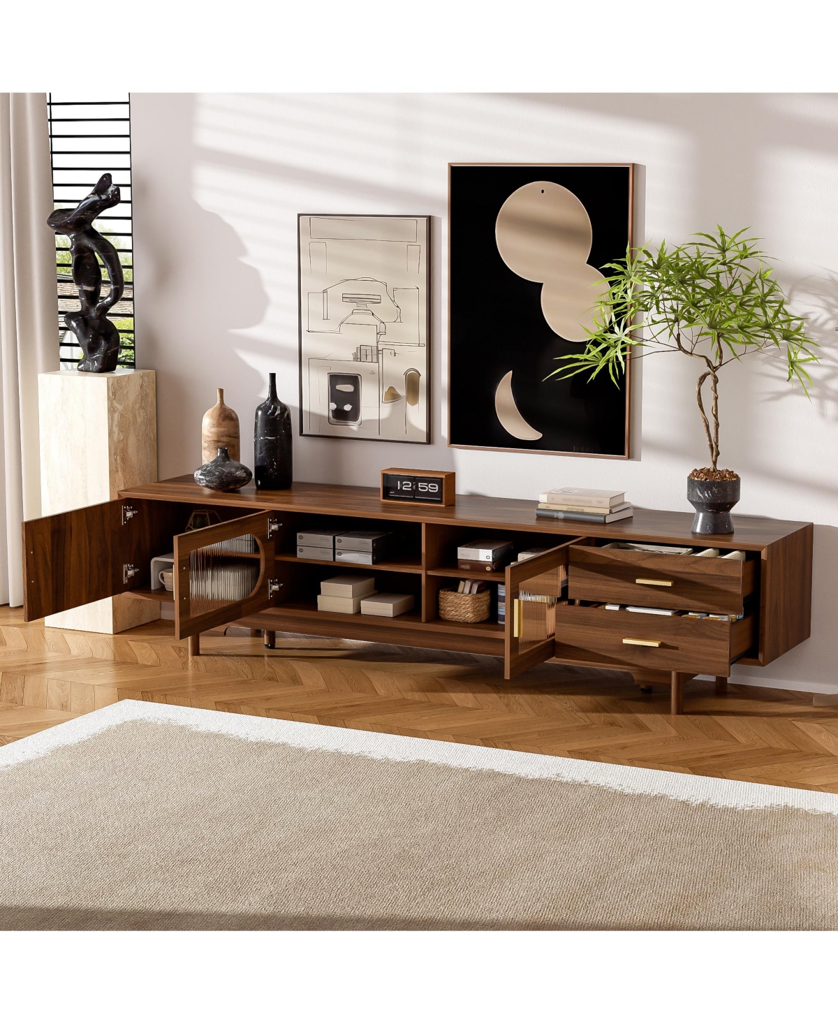 sumyeg 78" Cabinet Tv Stand with Fluted Glass Doors & 2 Drawers