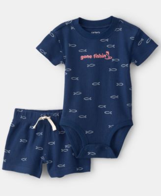 Baby Boys' Fishing Waffle-Knit Bodysuit & Shorts, 2-Piece Set