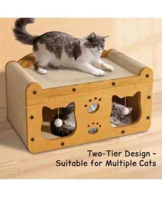 Multi-Functional Wooden Cat Bed with Scratching Pad & Interactive Toys