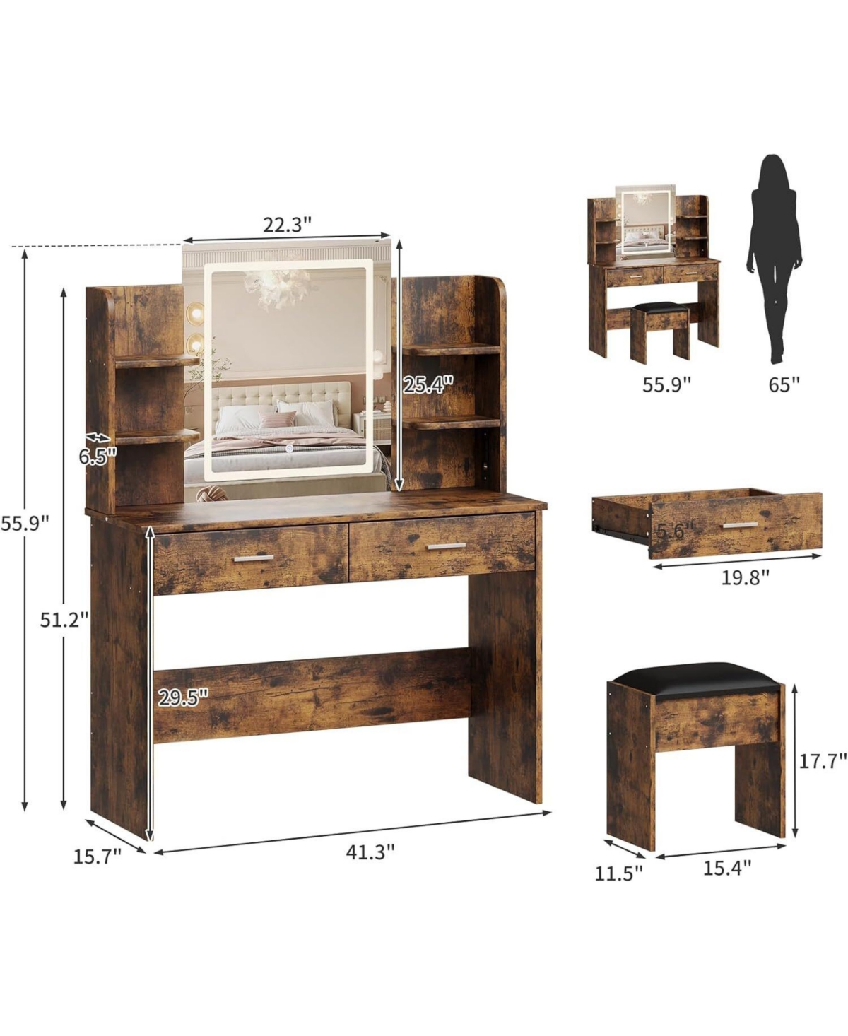 Gaomon 2-Drawer 6-Shelf Vanity Desk, Lighted Mirror Makeup Table for Bedroom