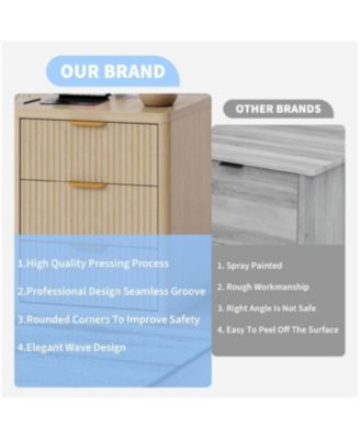 Set of 2 Fluted Nightstands, 3-Drawer Bedside Table with Built-in Charging Station & Open Storage