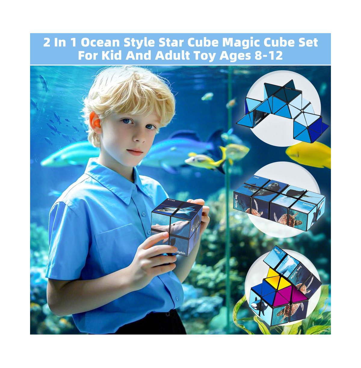 Bruce & Shark 2-in-1 Ocean Split Magic Cube, Transformable Fidget Toy, Morphs into Star & More