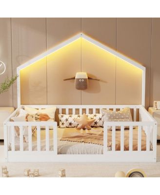 Full Floor Bed with High Rails, Wooden Montessori Bed with Light