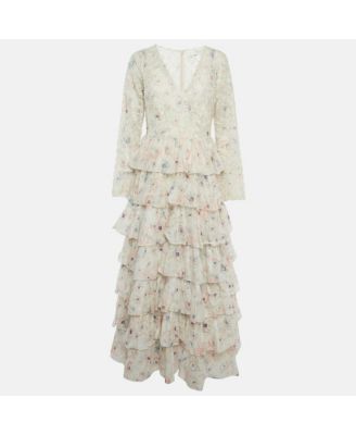 Women's White Floral Print Broderie Anglaise Tiered Halliday Gown