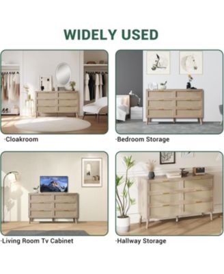 6 Drawer Rattan Dresser, 47.2'' x 15.7'' x 29.5'' Rattan Chest of Dressers, Mid Century Modern Dresser for Closet with Handles