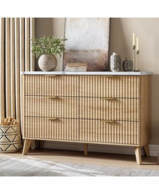 47.2" Fluted Dresser with 6 Deep Drawers and Faux Marble Top, Curved Profile Design, Modern Wooden Chest for Bedroom
