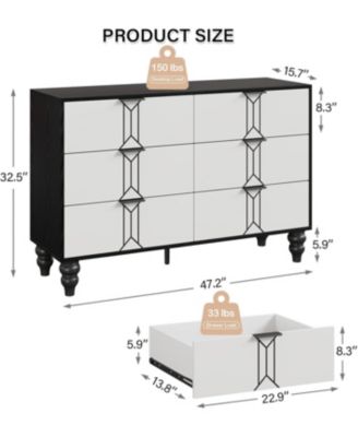 Modern Wooden 6 Drawer Dresser with Vintage Pattern Design, Chest Dresser with Deep Drawers for Bedroom, Living Room and Entryway