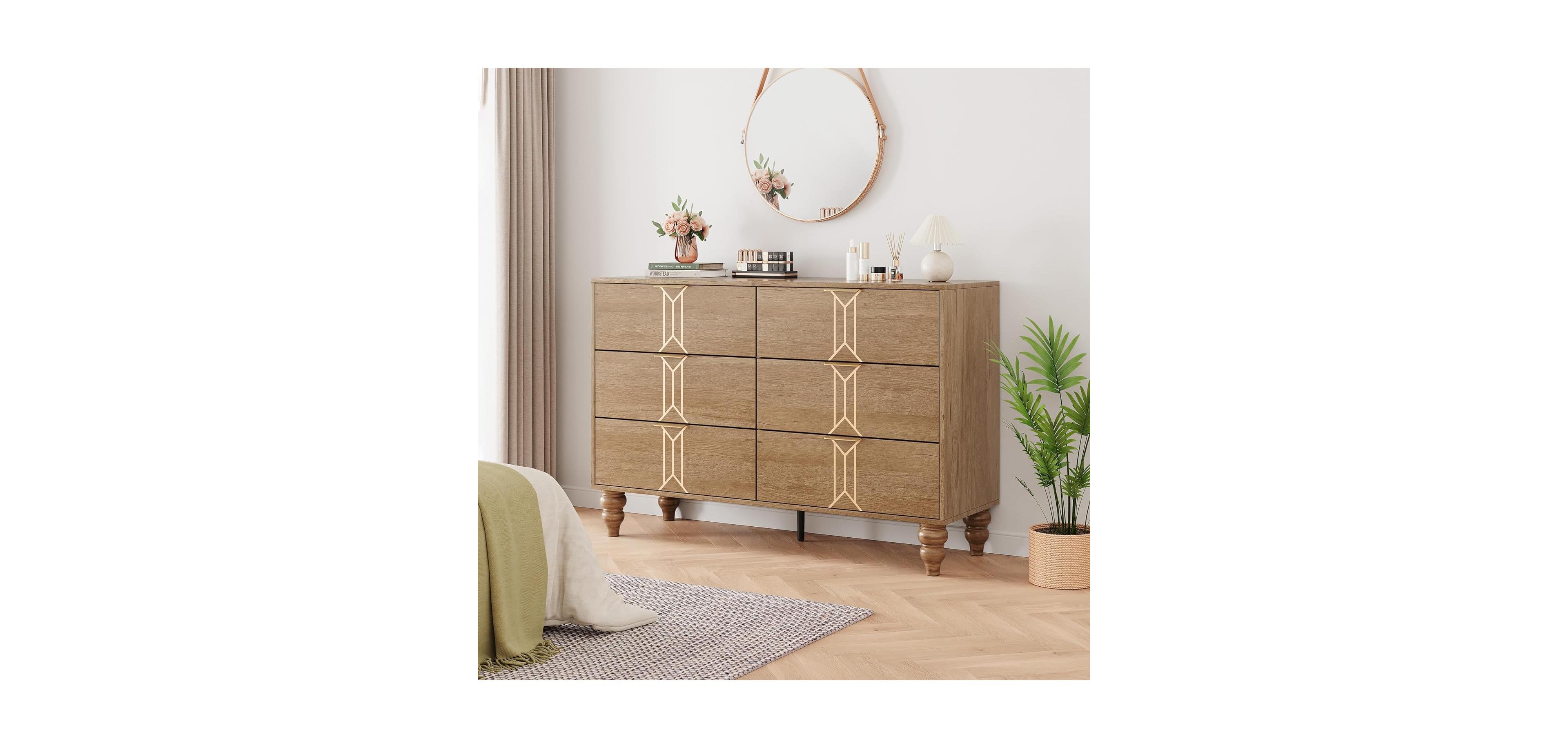 Gaomon Modern Wooden 6 Drawer Dresser with Vintage Pattern Design, Chest Dresser with Deep Drawers for Bedroom, Living Room and Entryway