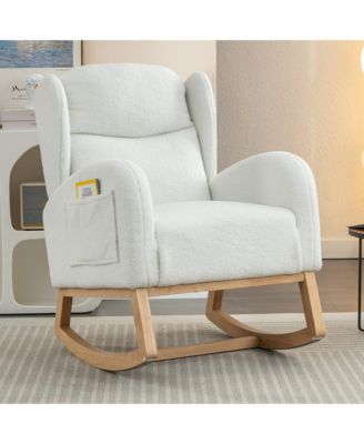 Ivory Teddy Fabric Rocking Chair with Wooden Frame Legs Built in Packet Ergonomic Backrest 300 LBS Capacity for Living Room Bedroom