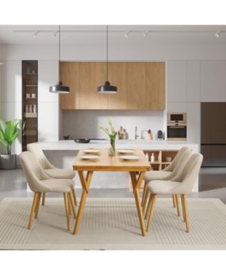 Set of 4 Fabric Upholstered Dining Chairs, Curved Backrest Kitchen Side Chairs with Solid Oak Legs