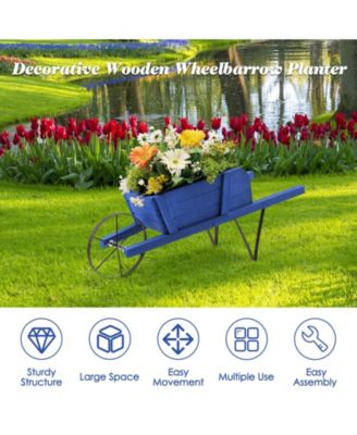 Wooden Wagon Planter Decorative Indoor/Outdoor Rustic Flower Cart with Wheel