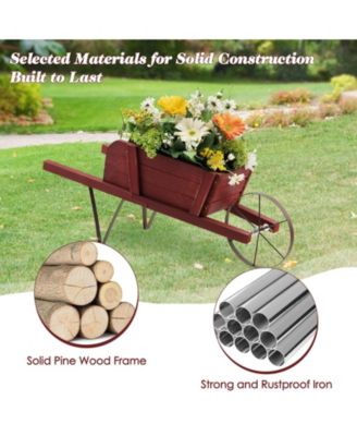 Wooden Wagon Planter Decorative Indoor/Outdoor Rustic Flower Cart with Wheel