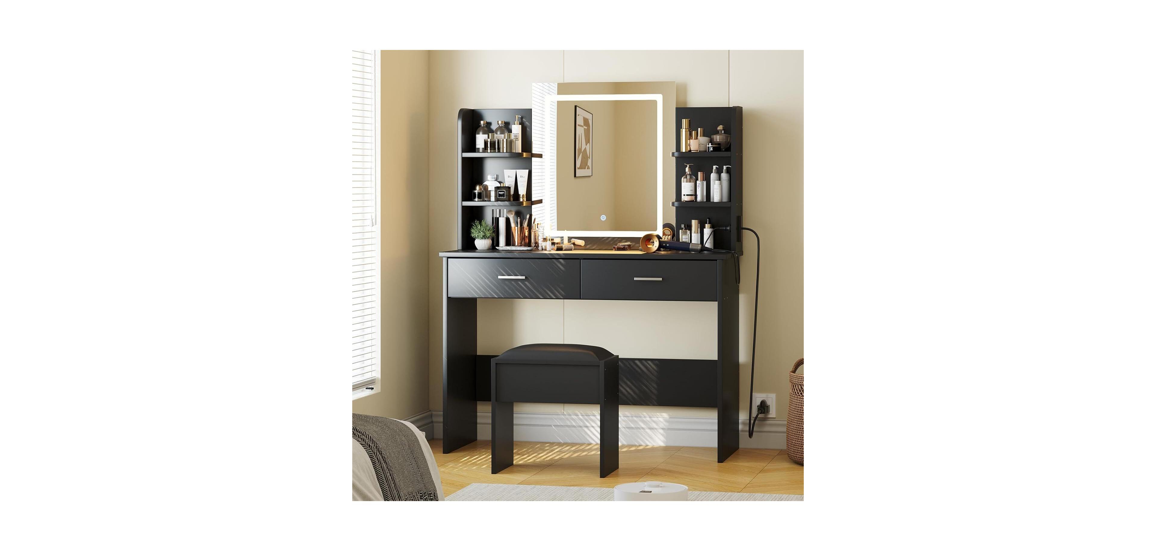 gaomon 2-Drawer Lighted Mirror Vanity, Stylish Makeup Desk for Modern Bedroom Decor
