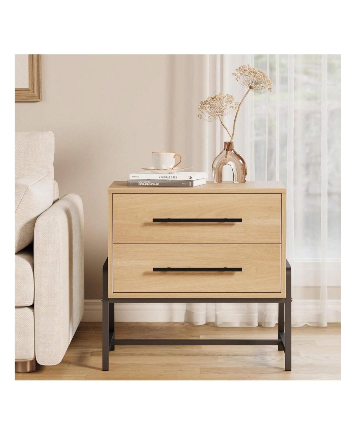 gaomon 1PC Farmhouse Drawer Nightstand, Metal Legs Storage Bedside Table Sofa Side Organizer for Living Room