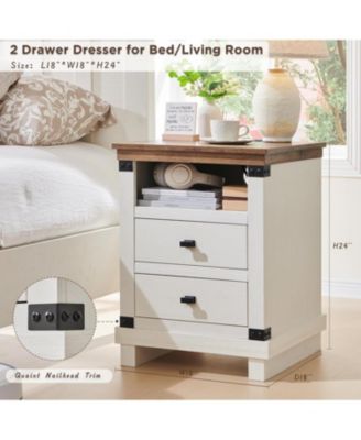 1PC 18 Inch Antique Farmhouse Nightstand, 2-Drawer Rustic Bedside Table with Charging Station