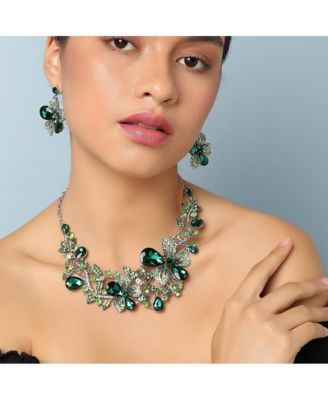 Women's Green Teardrop Flora Necklace And Earrings (Set Of 2)