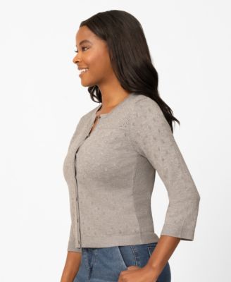 Petite Diamond Pointelle Button Crewneck Cardigan Sweater