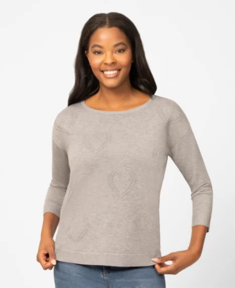 Petite Heart Textured Hi-Low Boat Neck Sweater - Heather Grey